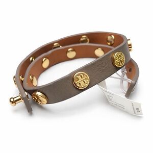 NWT Tory Burch Double Wrap Leather Bracelet Gold Logo Stud Taupe $95 Retail